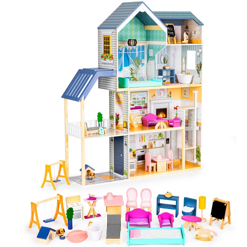 Domek dla lalek duży drewniany 138 cm Rezydencja Maya 28 elementow ECOTOYS