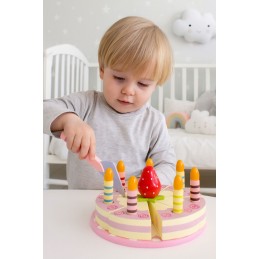 Zestaw drewniany tort na rzepy świeczki truskawka dla dzieci 15 elementów ECOTOYS