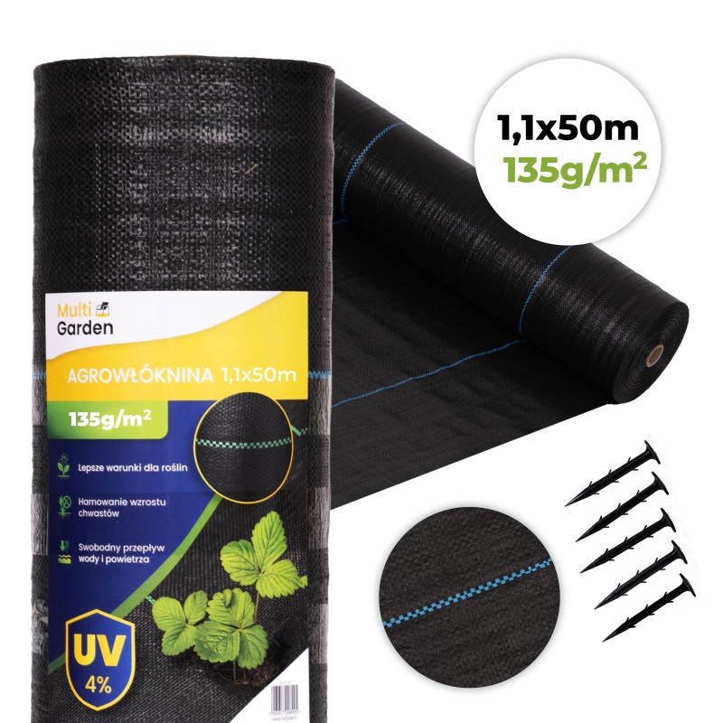 Agrowłóknina czarna agrotkanina UV 135g mata antychwastowa 1,1x50m kołki MulltiGarden