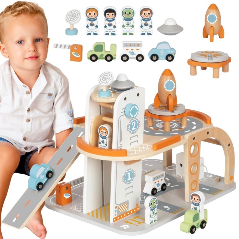 TOOKY TOY Drewniany Kosmiczny Parking  Stacja Kosmiczna