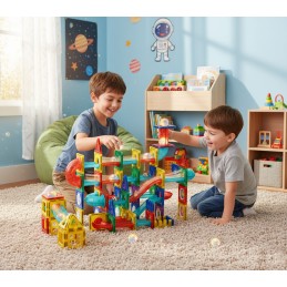 Klocki magnetyczne tor kulkowy LED klocki konstrukcyjne kulodrom 105 elementów