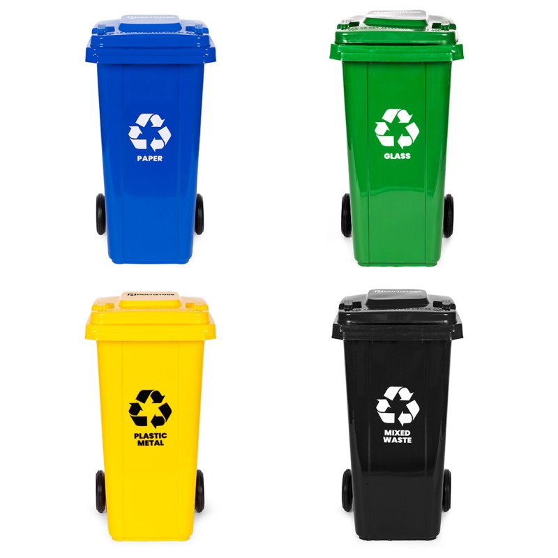 Zestaw 4 koszy na śmieci pojemniki 4x120L niebieski zielony żółty czarny makulatura szkło plastik odpady zmieszane gumowe koła