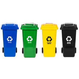 Zestaw 4 koszy na śmieci pojemniki 4x120L niebieski zielony żółty czarny makulatura szkło plastik odpady zmieszane gumowe koła