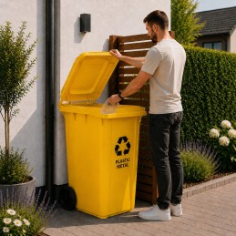 Kosz na smieci 240L duży kubeł śmietnik gumowe koła - żółty plastik