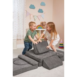 Sofa składana modułowa dla dzieci duża 2-osobowa DIY 10 miękkich poduch tkanina szenilowa - szara ECOTOYS