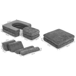 Sofa składana modułowa dla dzieci duża 2-osobowa DIY 10 miękkich poduch tkanina szenilowa - szara ECOTOYS