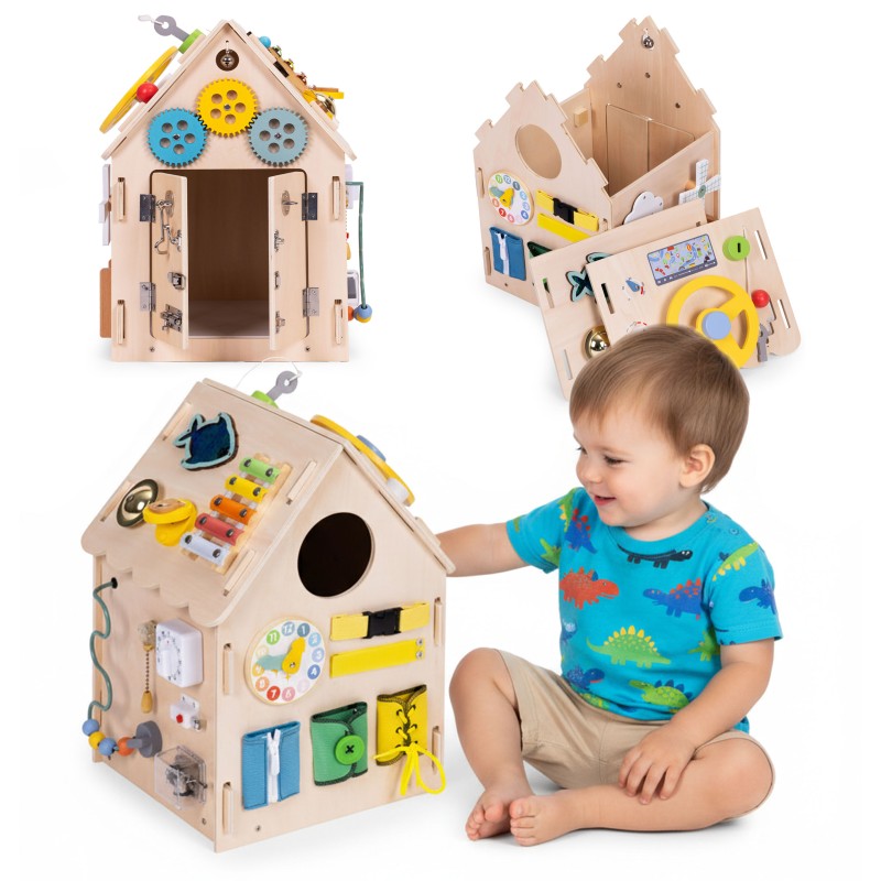 Drewniany domek manipulacyjny dla dzieci panel edukacyjny XXL 30 elementów