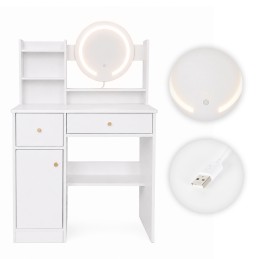 Toaletka kosmetyczna z okrągłym lustrem i oświetleniem LED 3 barwy półki szuflady ModernHome