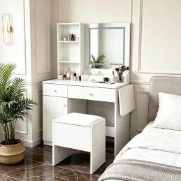 Toaletka kosmetyczna z lustrem i oświetleniem LED 3 barwy składany blat półki szuflady taboret ModernHome