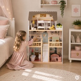 Drewniany domek dla lalek Laura 3 piętra 5 pomieszczeń 15 mebelków ECOTOYS