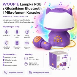WOOPIE Multifunkcyjna Lampka RGB Głośnik Bluetooth Karaoke Modulator Głosu Karta SD AUX Fioletowa