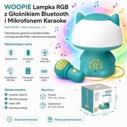 WOOPIE Multifunkcyjna Lampka RGB Głośnik Bluetooth Karaoke Modulator Głosu Karta SD AUX Turkusowa