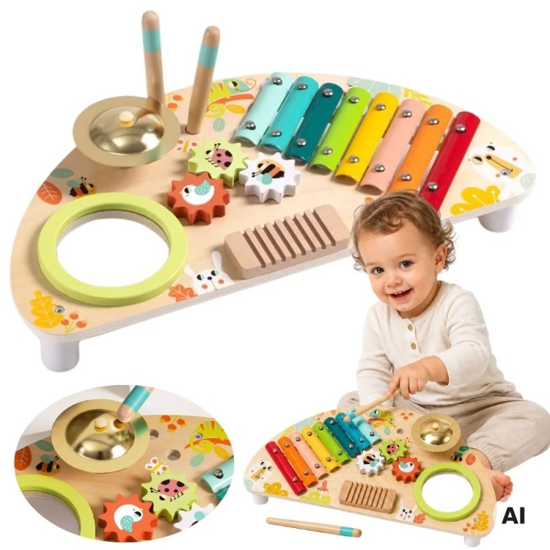 TOOKY TOY Wielofunkcyjny Instrument Centrum Muzyczne Ksylofon Zębatki Tarka Bębenek Talerz Pałeczki
