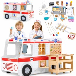 VIGA Duży Drewniany Ambulans Zestaw Karetka Małych Ratowników Akcesoria 25 el.