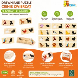 VIGA Zestaw Drewniane Puzzle Układanka Zwierzątka Dopasuj Cienie