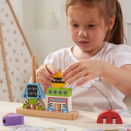 VIGA Drewniana Układanka Montessori Roboty Piramidka Klocki Edukacyjne 8el