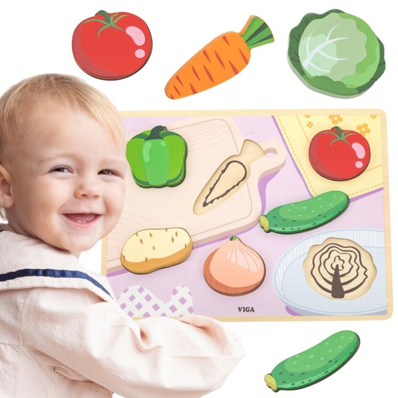 VIGA Drewniane Puzzle Układanka Montessori 2w1 Figurki Warzywa Edukacyjna