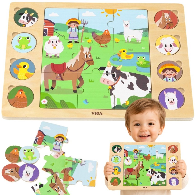 VIGA Drewniane Puzzle Odgadnij Po Cieniu - Farma Układanka 17 el.