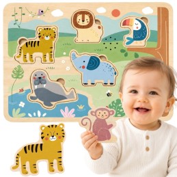 TOOKY TOY Drewniana Układanka Montessori Interaktywne Puzzle Dźwiękowe Dzikie Zwierzęta Safari