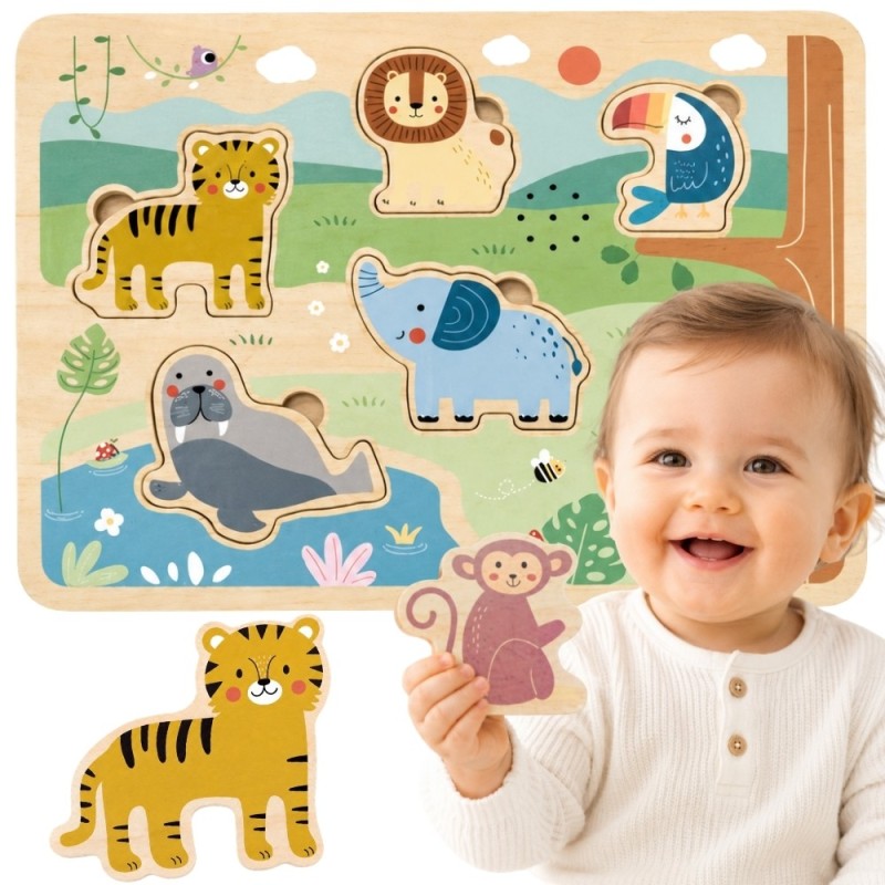 TOOKY TOY Drewniana Układanka Montessori Interaktywne Puzzle Dźwiękowe Dzikie Zwierzęta Safari