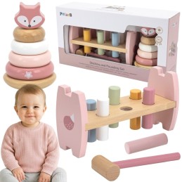 VIGA PolarB Zestaw Drewniana Piramidka + Przebijanka z Młoteczkiem Lisek Montessori