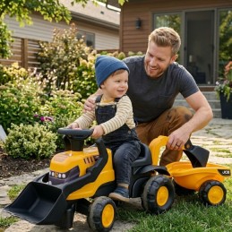 FALK Jeździk Traktor JCB z Przyczepą Grabkami i Łopatką Ciche Koła 1-3 lat