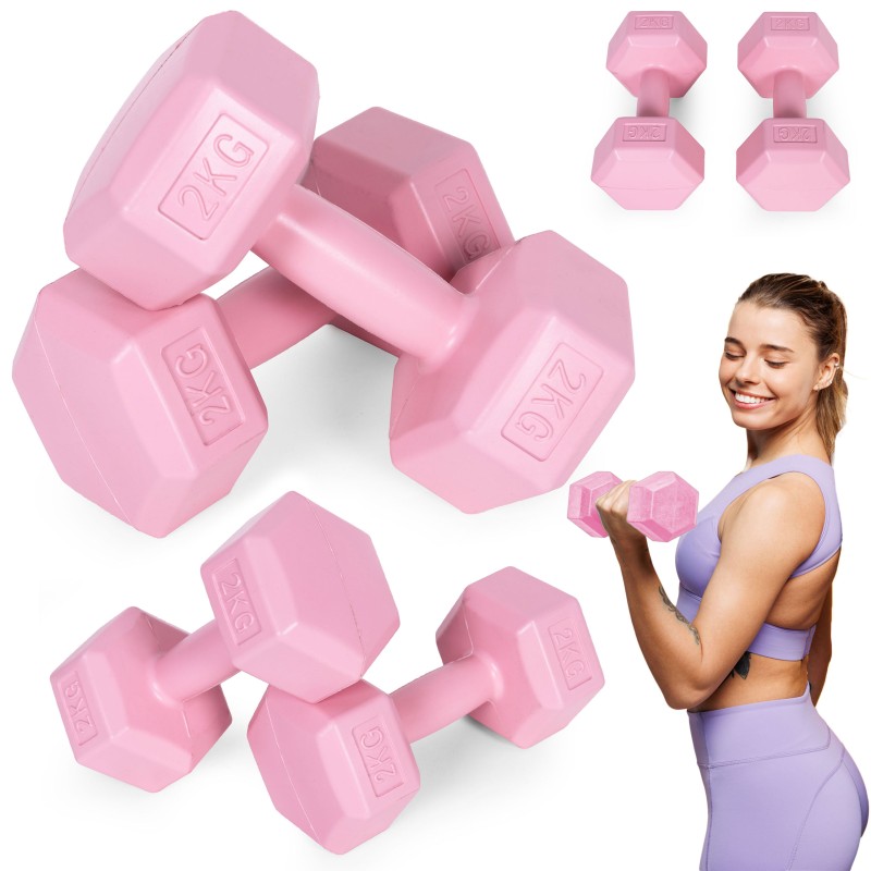 Hantle sześciokątne zestaw 2x2 kg ciężarki do ćwiczeń obciążniki fitness różowe MOVEPRO