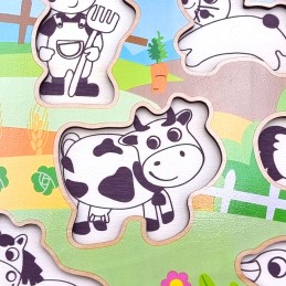 WOOPIE GREEN Drewniane Puzzle Montessori Farma z Pinezkami Do Dopasowania
