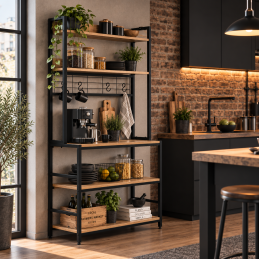 Regał kuchenny z półkamni stojak 84 cm 6 poziomów haczyki loft jasny dąb ModernHome