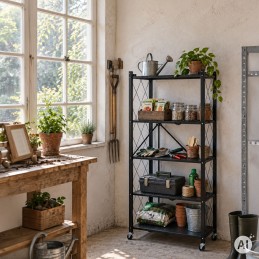 Regał magazynowy 5 półek składany stalowy na kółkach czarny loft ModernHome