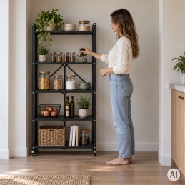 Regał magazynowy 5 półek składany stalowy na kółkach czarny loft ModernHome