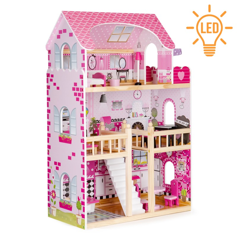 Drewniany domek dla lalek mebelki oświetlenie LED ECOTOYS