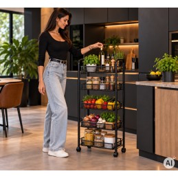 Metalowy regał mobliny organizer łazienkowy kuchenny z 5 półkami kółka czarny ModernHome