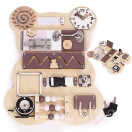Drewniana tablica manipulacyjna sensoryczna dla dzieci panel edukacyjny miś 12 elementów ECOTOYS