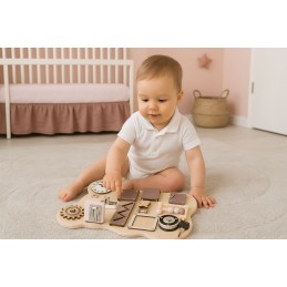 Drewniana tablica manipulacyjna sensoryczna dla dzieci panel edukacyjny miś 12 elementów ECOTOYS