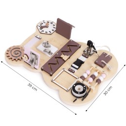 Drewniana tablica manipulacyjna sensoryczna dla dzieci panel edukacyjny miś 12 elementów ECOTOYS