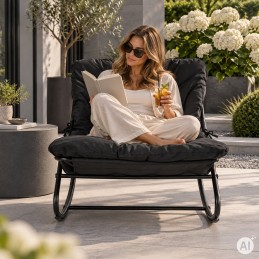 Fotel ogrodowy bujany leżak z poduszką na taras balkon czarny MultiGarden