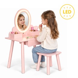Drewniana toaletka dziecięca lustro LED szuflada taboret 6 akcesoriów różowa ECOTOYS