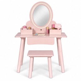 Drewniana toaletka dziecięca lustro LED szuflada taboret 6 akcesoriów różowa ECOTOYS