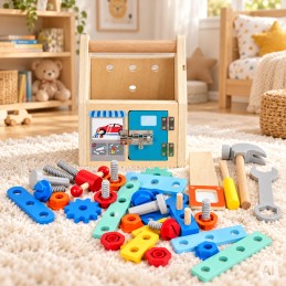 Drewniany domek z narzędziami zestaw majsterkowicza młotek śrubki 32 elementy ECOTOYS