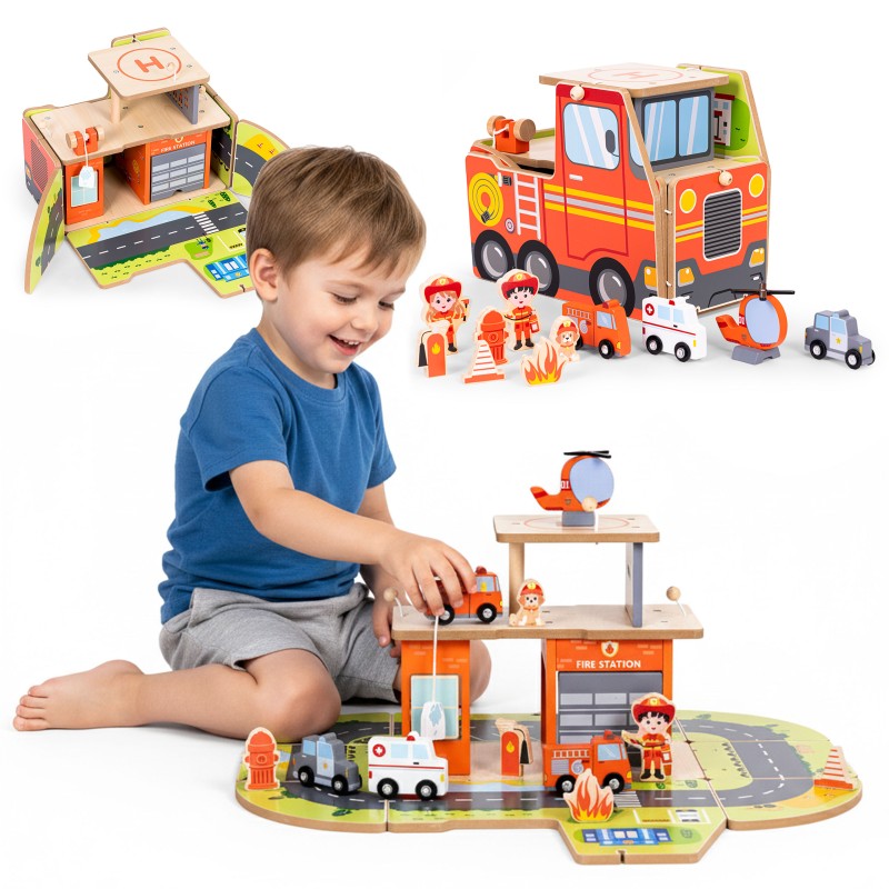 Drewniany garaż zestaw straży pożarnej 2w1 – remiza i wóz 2 piętra figurki pojazdy ECOTOYS