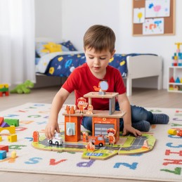 Drewniany garaż zestaw straży pożarnej 2w1 – remiza i wóz 2 piętra figurki pojazdy ECOTOYS