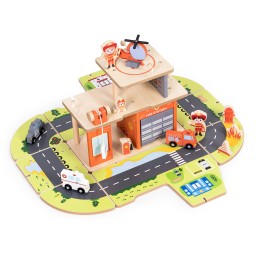 Drewniany garaż zestaw straży pożarnej 2w1 – remiza i wóz 2 piętra figurki pojazdy ECOTOYS