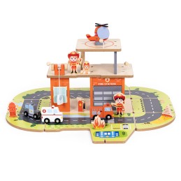 Drewniany garaż zestaw straży pożarnej 2w1 – remiza i wóz 2 piętra figurki pojazdy ECOTOYS