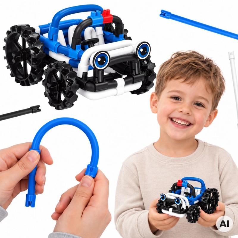 WOOPIE Twist Art  Klocki Słomki Konstrukcyjne 3D Auto Niebieskie 49 el.